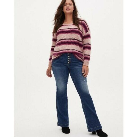 Torrid Womens Size 00 Medium Multi Stripe Sweater Drop Shoulder Fuzzy Pullover - Picture 4 of 7
